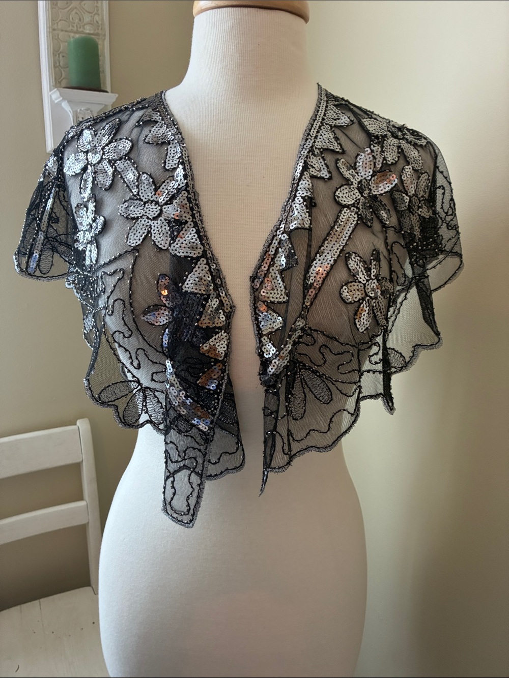 cezanne Black Sheer Floral Sequin Wrap Shrug